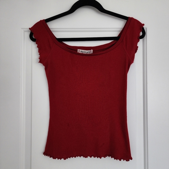 Red Y2K Rib Knit Ruffle Lettuce Hem Cap Sleeve Top S - Picture 2 of 6